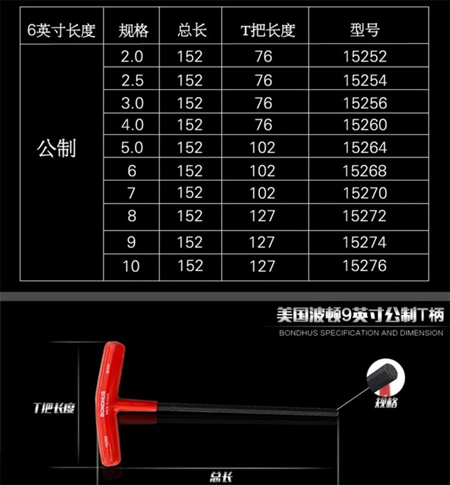 美国波顿9英寸公制T柄